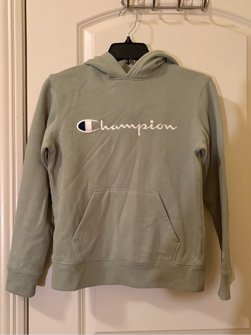Champion Kids Sage Green Hooded Sweatshirt with Script Logo